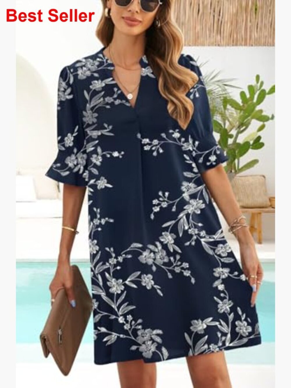 Polyester V-Neck Ruffled Sleeve Shift Dress Casual Summer - Picture 3 of 7